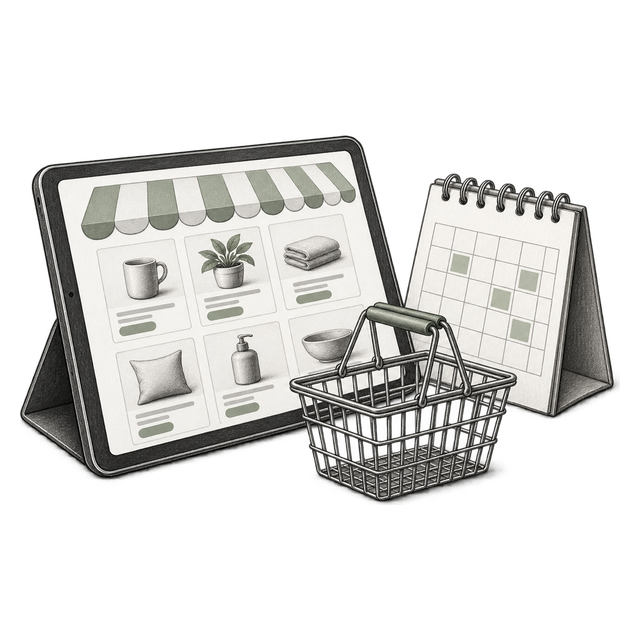 Drawn storefront tablet, basket and calendar