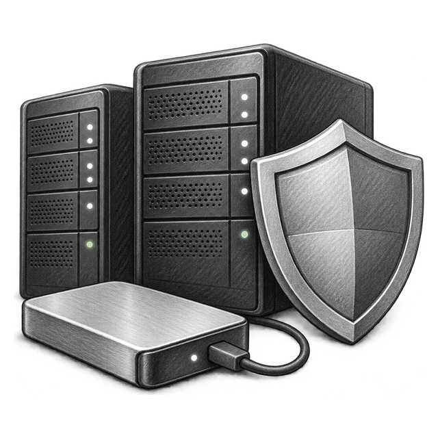 Drawn server towers, shield and backup drive