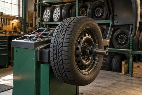 Generated tire mounted on a balancing machine beside a green storage rack.