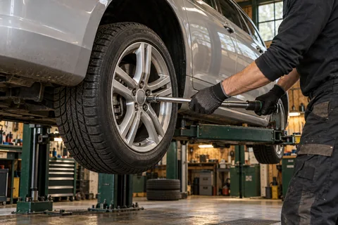 Generated close-up of a mechanic using a torque wrench on a car wheel.