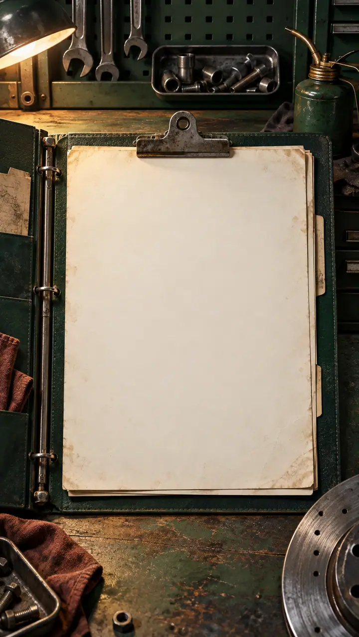 Generated portrait scene of the fictional garage, with a blank physical document