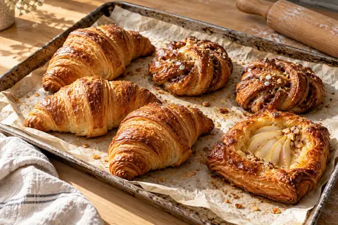 Generated close-up of a tray of golden pastries on ivory parchment.