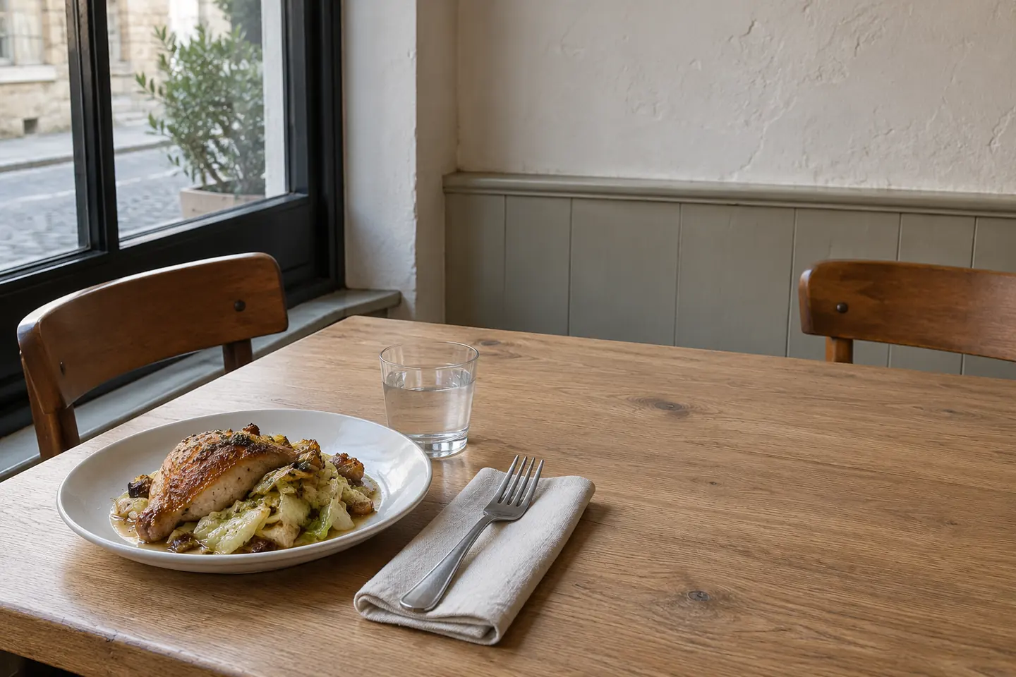 A modest four-seat bistro table with one chicken plate and one water glass.