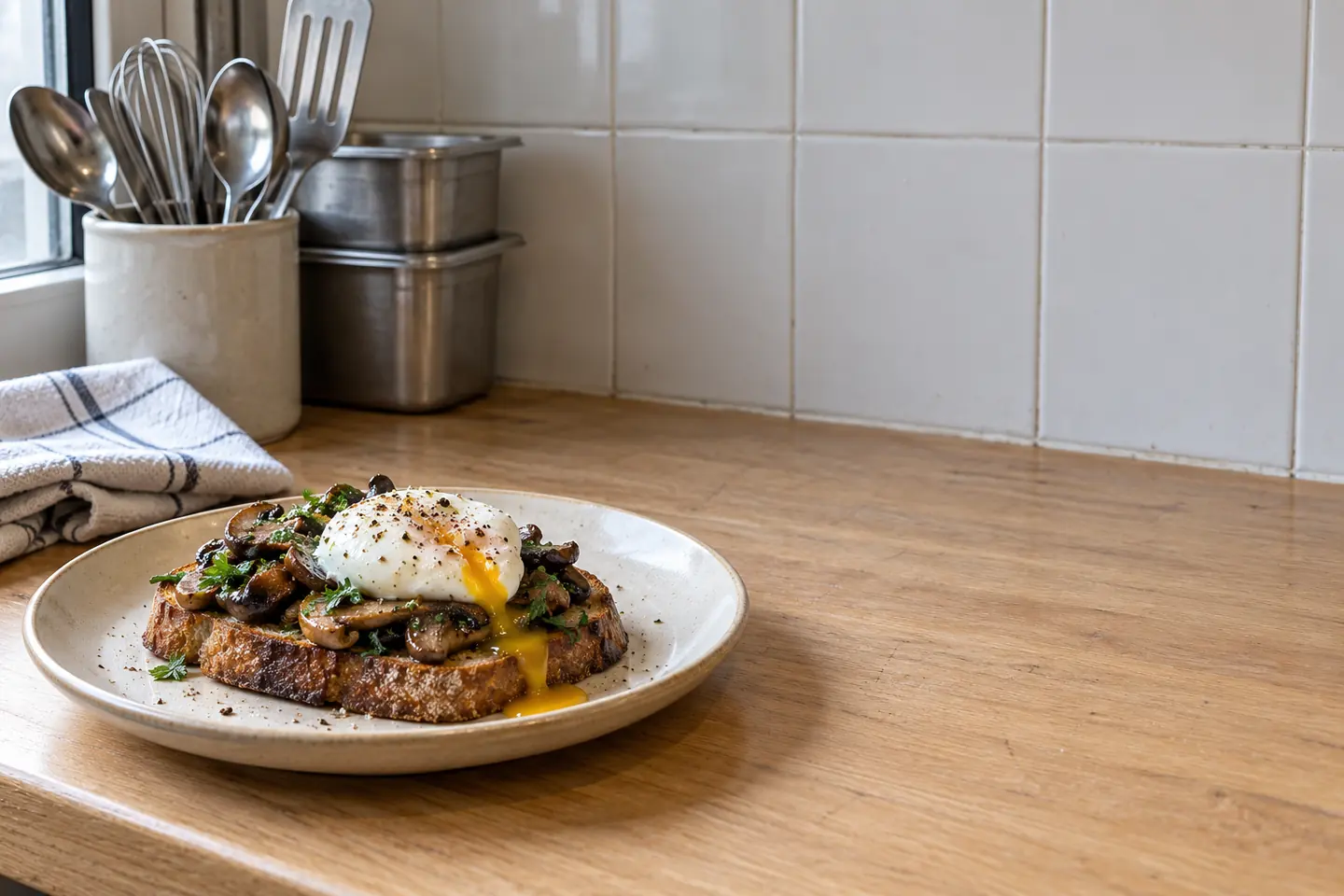 A quiet fictional bistro kitchen pass with one mushroom toast and a cotton towel.